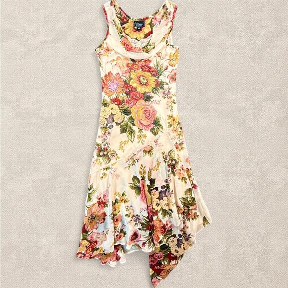 VTG Y2K Asymmetrical Floral Beaded Slip Midi Dress Cowl Lace Cottagecore Fairy M - Picture 1 of 9